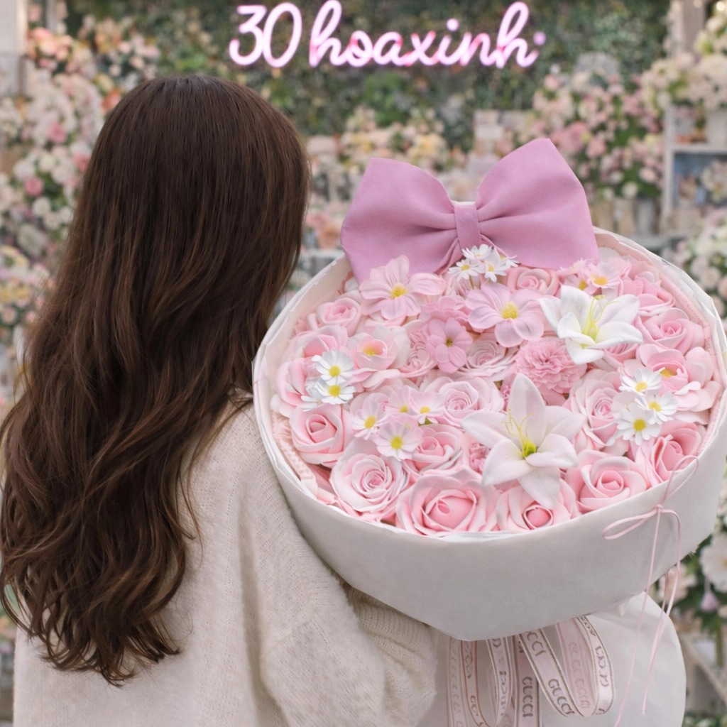 Bó Hoa Sáp Màu Hồng Kèm Nơ To Xinh Xắn