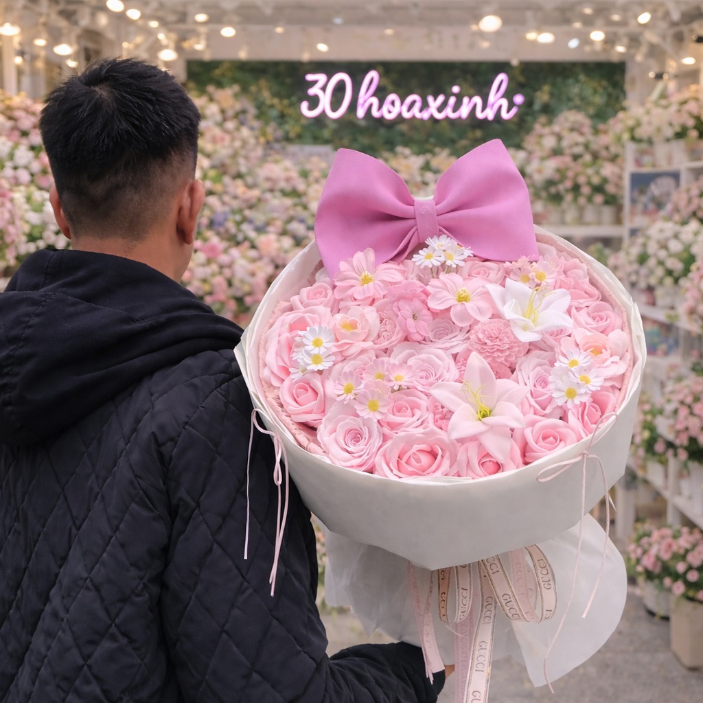 Bó Hoa Sáp Màu Hồng Kèm Nơ To Xinh Xắn