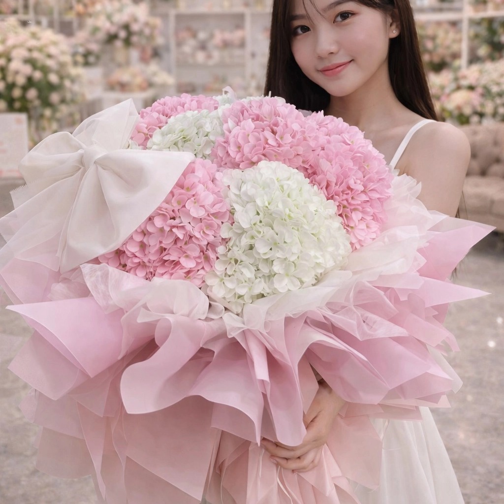 Bó Hoa Cẩm Tú Cầu Lụa Màu Hồng Mix Trắng