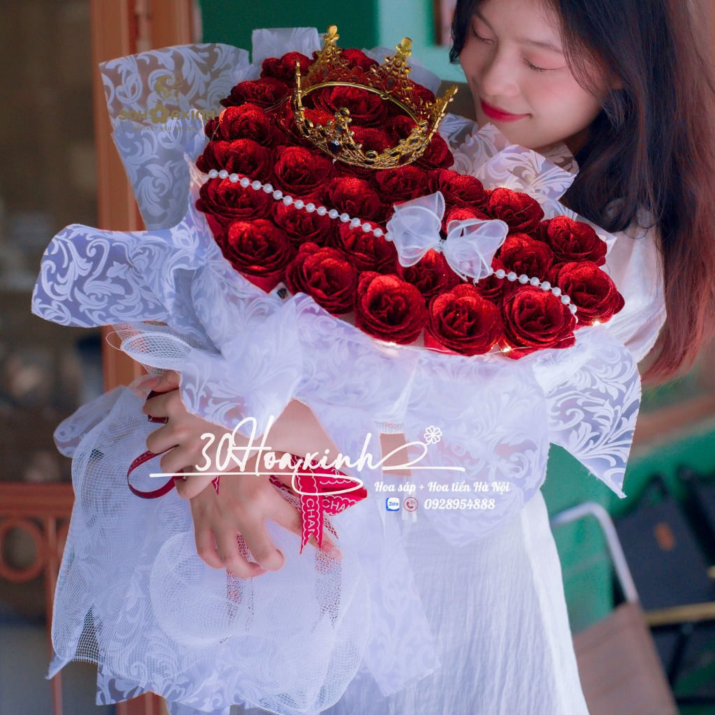 Hoa sáp nhũ lấp lánh màu đỏ hình trái tim, tặng kèm phụ kiện