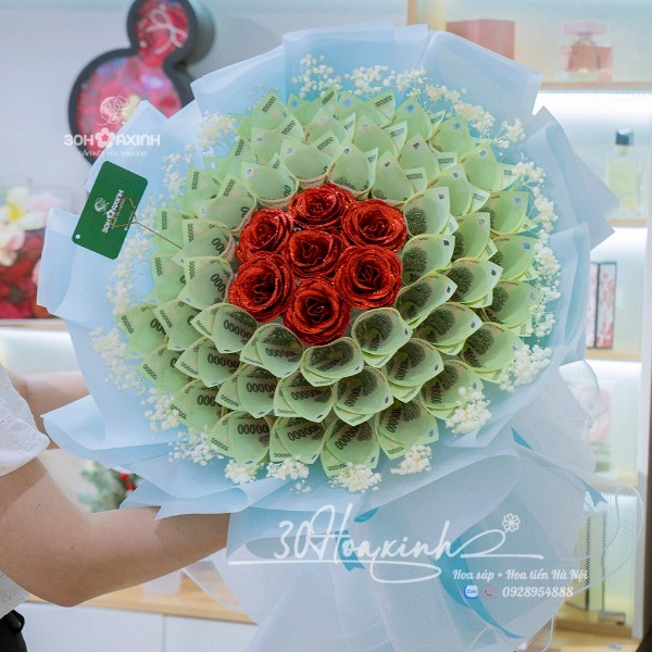 Hoa Tiền 100k Gồm 50 Tờ Màu Xanh - Chân Thành
