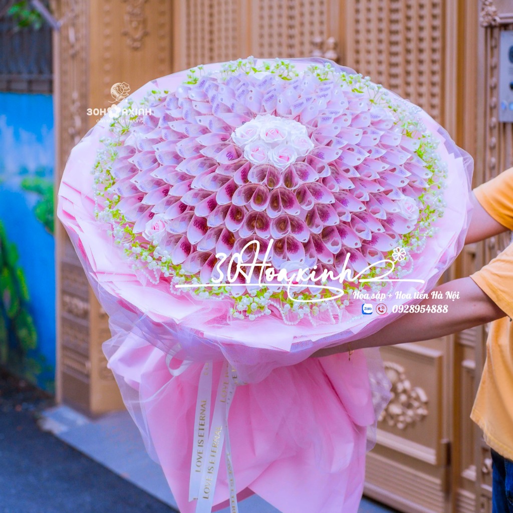 Bó Hoa tiền 100 tờ 50k mix hoa sáp hồng