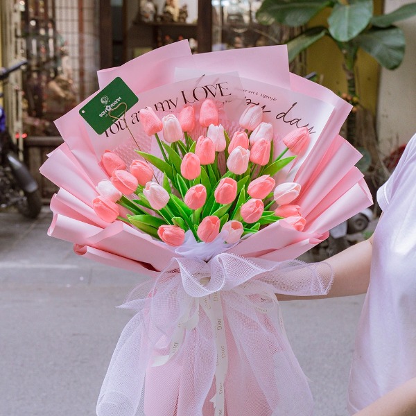 Bó Hoa Tulip Cao Su Non Cao Cấp Màu Hồng - Dịu Dàng