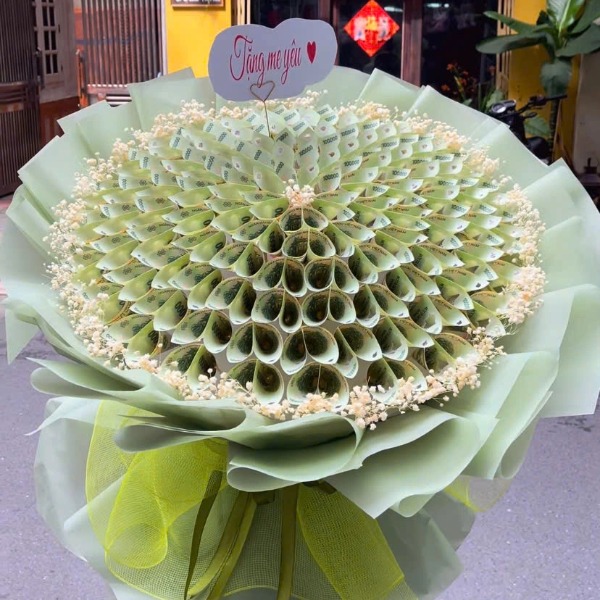 Bó Hoa Tiền 100 Tờ Tiền 100k Bó Tròn Tone Xanh