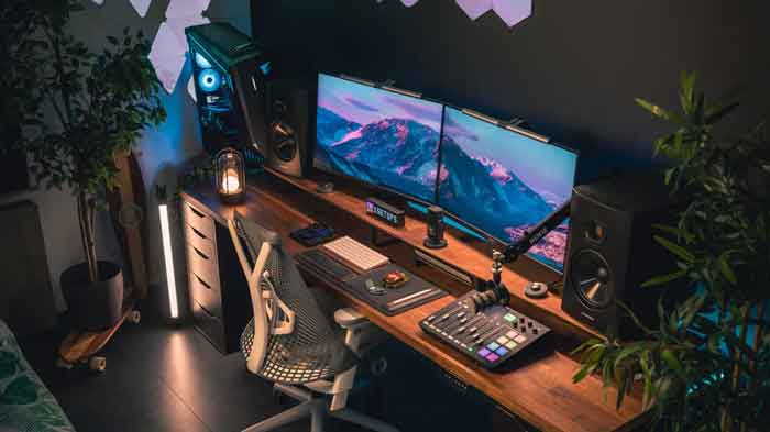 ADAM Audio T8V 8-inch Powered Studio Monitor hình đang được chụp góc trên xuống với được set úp trong phòng góc làm viết nghe nhạc hay chơi game với đang được sử dụng T8V 8-inch