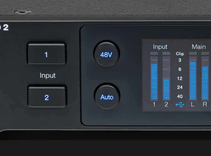 PreSonus Quantum HD 2 USB-C Audio Interface hình đang được miêu tả cụm điều khiển Input: 2 nút nhấn điều khiển kênh Input 1 và Input 2  Nút +48V để bật nguồn phantom cho micro condenser