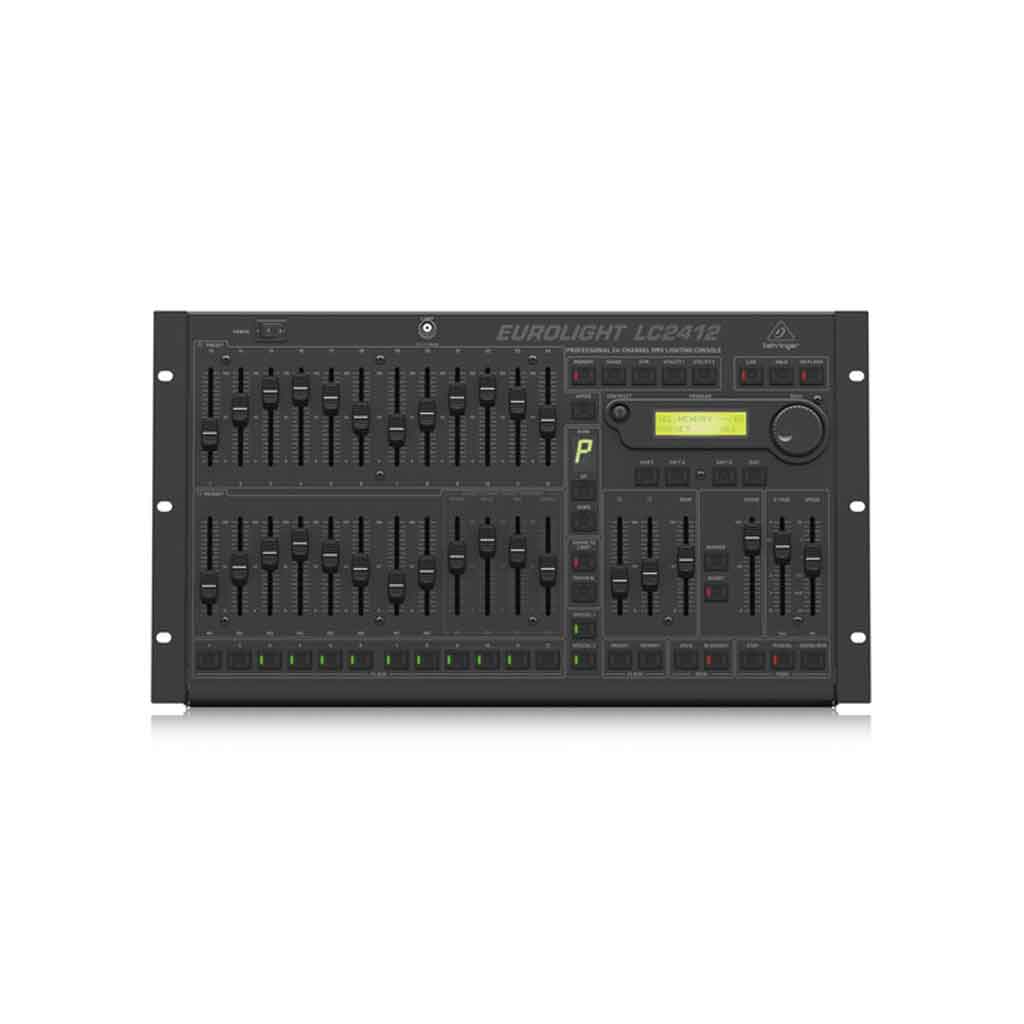 Bàn Điều khiển Lighting Behringer LC2412 V2 hình đang được miêu tả là một bàn điều khiển ánh sáng chuyên nghiệp sử dụng chuẩn DMX512 – thường dùng trong các sân khấu biểu diễn, hội trường, nhà hát, hoặc sân khấu sự kiện.
