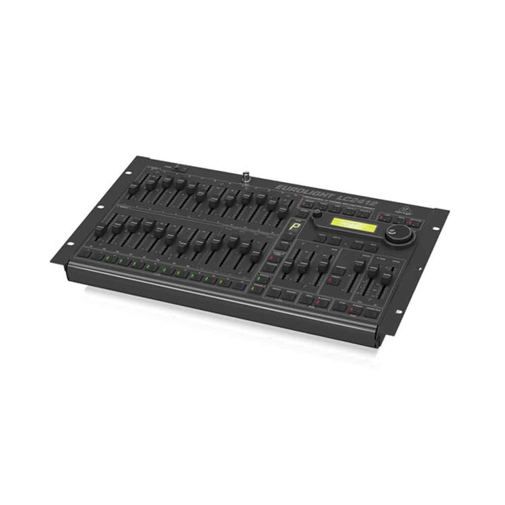 Bàn Điều khiển Lighting Behringer LC2412 V2 với sản phẩm được thiết kế màn hình LCD & Encoder điều hướng (bên phải): Hiển thị chế độ làm việc, thông số fade time, step, speed...  1 núm xoay lớn (Encoder) dùng để điều hướng menu & chọn thông số