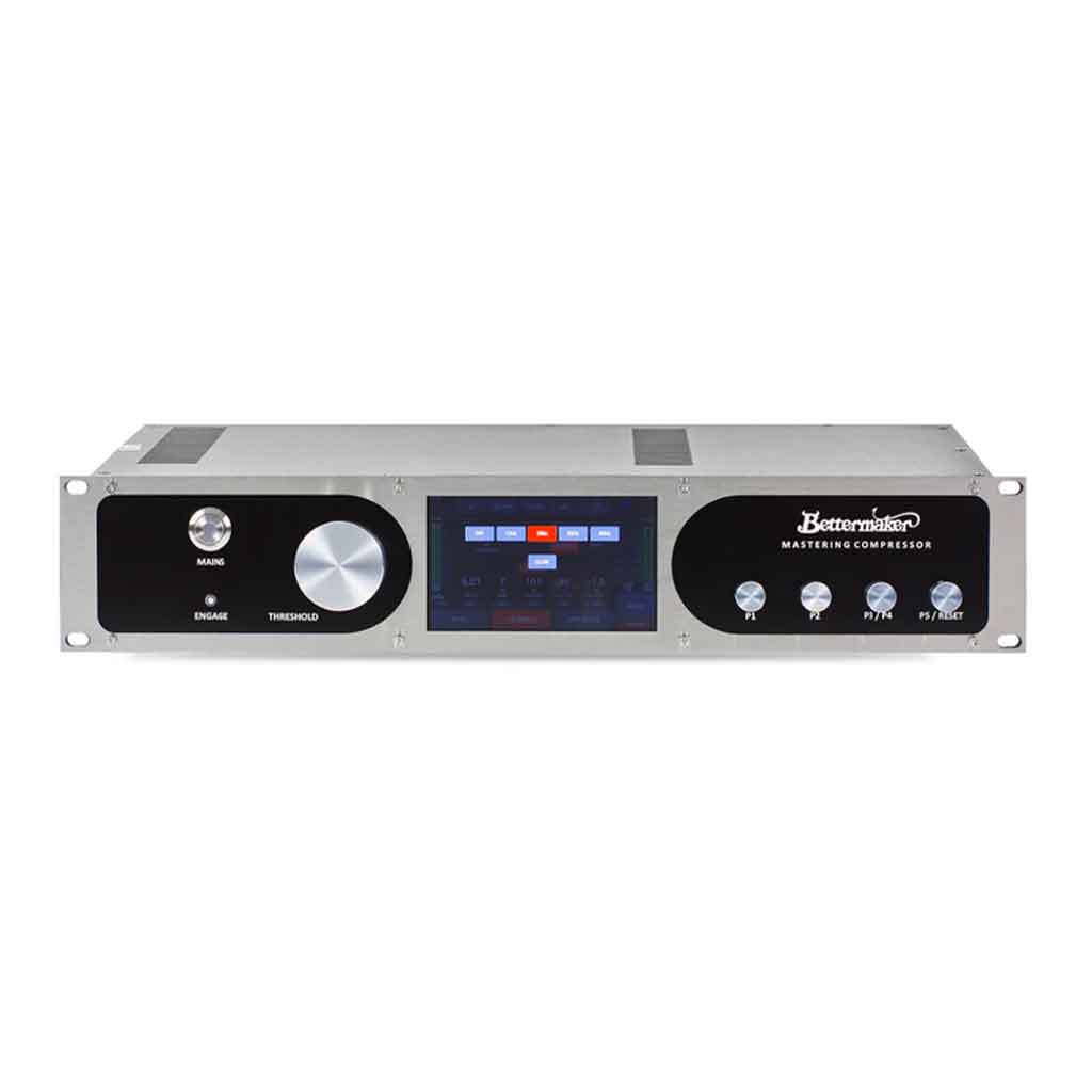 Bettermaker Mastering Compressor with Plug-in Control hình đang được chụp chính diện miêu tả chi tiết sản phẩm với có thiết kế mặt có 7 nút tùy chỉnh các loại và màn hình LED