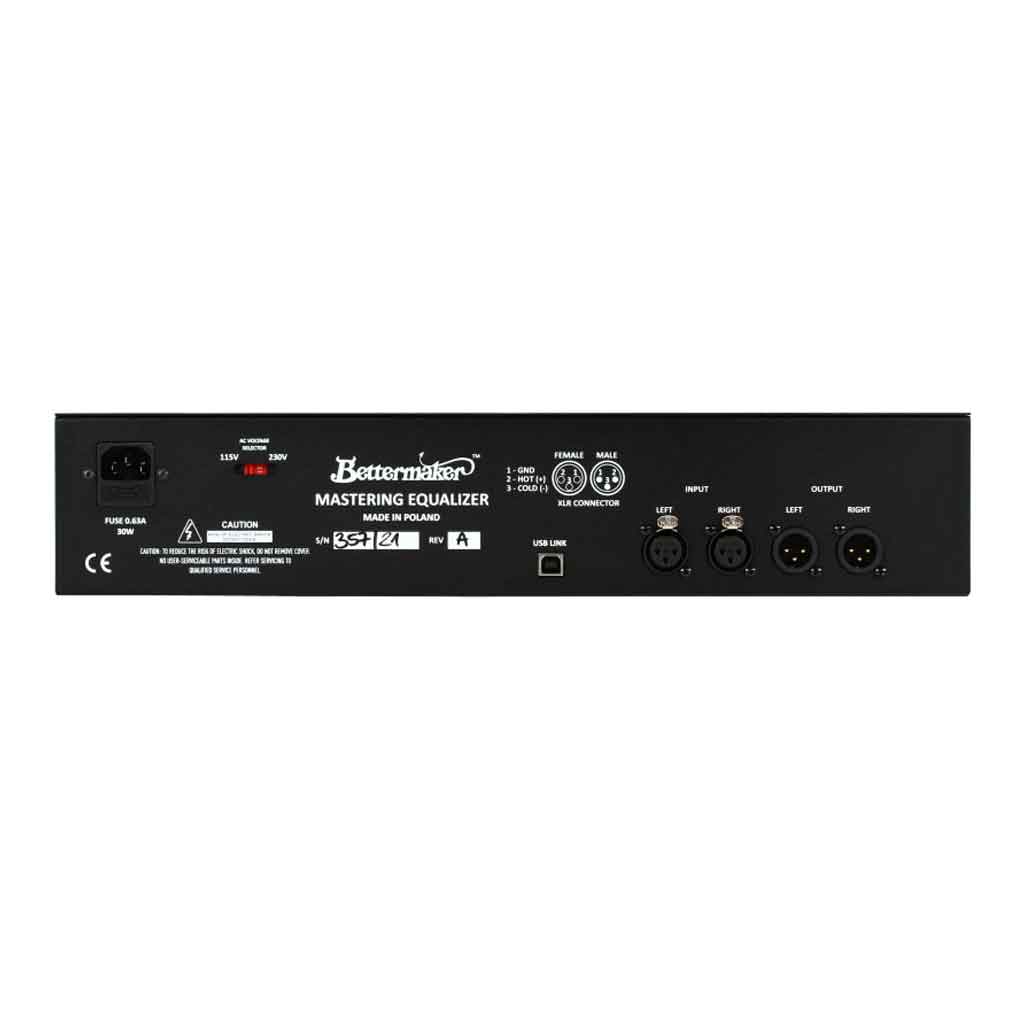 Thiết bị Bettermaker Mastering Equalizer Mặt sau của thiết bị mang phong cách thiết kế gọn gàng, chuẩn studio, tập trung vào kết nối tín hiệu analog chất lượng cao và giao tiếp kỹ thuật số để điều khiển qua DAW
