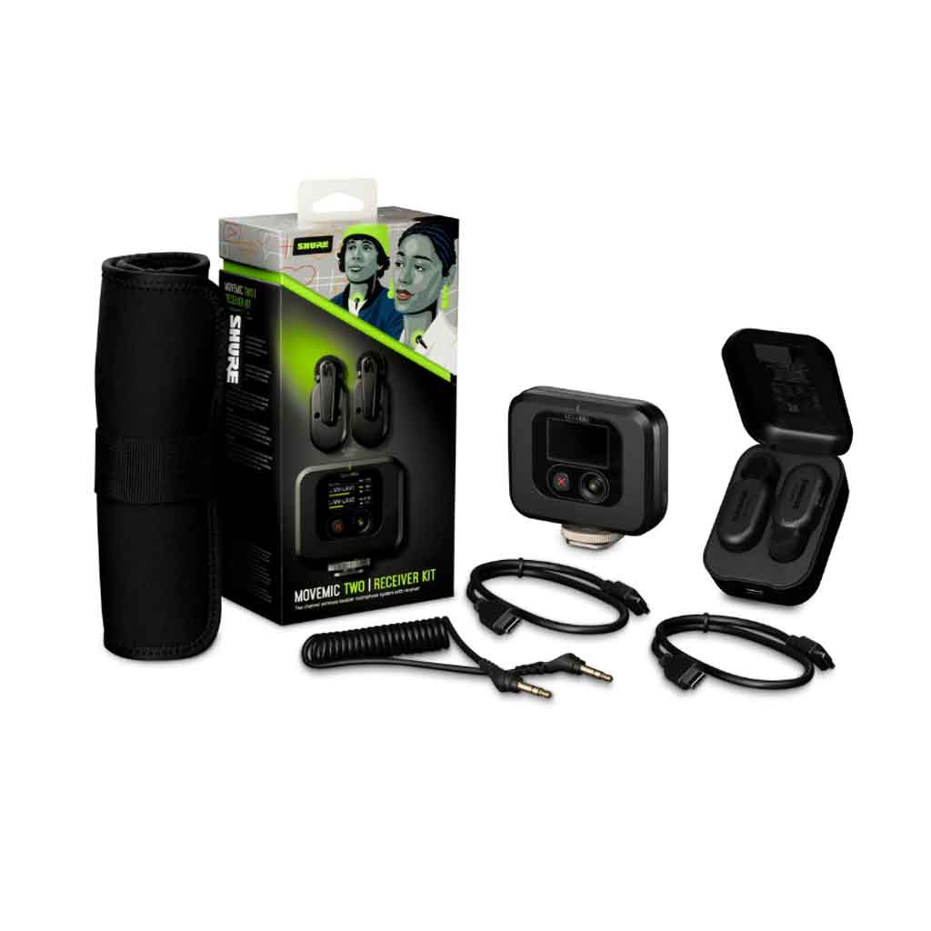 Bộ micro không dây cài áo Shure MoveMic Two hình đang được chụp chi tiết miêu tả chọn bộ full phụ kiện sản phẩm trong khoang không nền trắng 