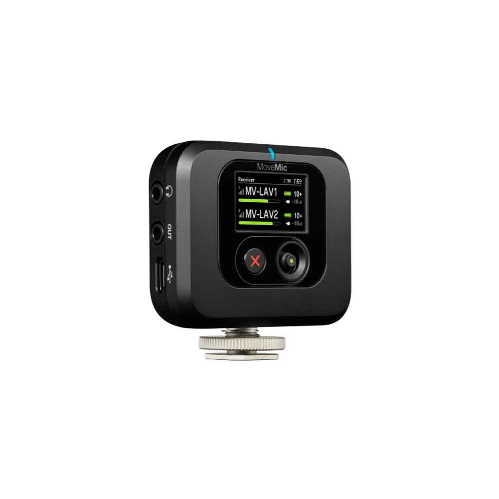 Bộ micro không dây cài áo Shure MoveMic Two với có màn hình LCD màu hiển thị:  Tên kênh (MV-LAV1, MV-LAV2),  Tín hiệu RF (sóng không dây),  Tín hiệu âm thanh (mức dB),  Trạng thái pin và đồng hồ thời gian thực