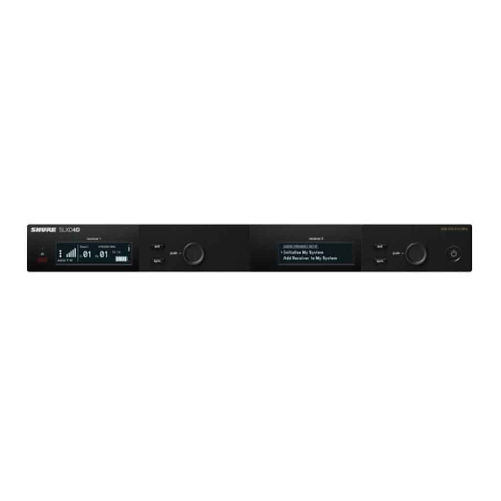 Bộ micro không dây đôi cầm tayShure SLXD24D/B58 có hai màn hình LCD hiển thị thông tin tần số, kênh, tín hiệu RF/AF và mức pin.