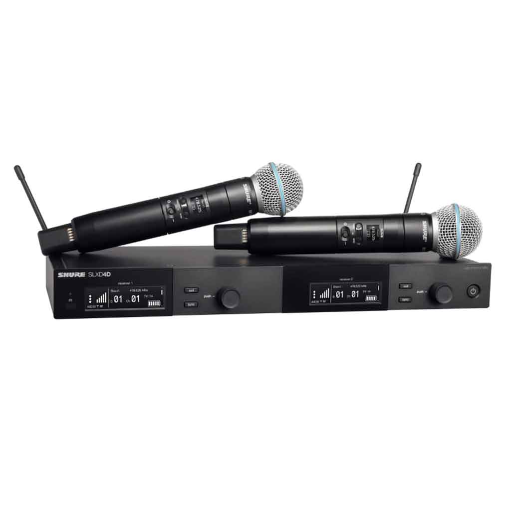 Bộ micro không dây đôi cầm tay Shure SLXD24D/B58 hình đang được miêu tảHình ảnh trên là bộ micro không dây đôi cầm tay Shure SLXD24D/B58, bao gồm các thành phần chính sau