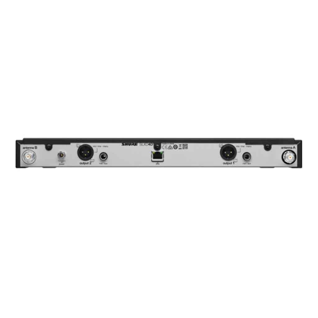 Bộ micro không dây đôi cầm tayShure SLXD24D/B58 hình đang được miêu tả Các nút điều chỉnh: gồm nút sync, nút điều hướng, núm xoay điều chỉnh và nút nguồn