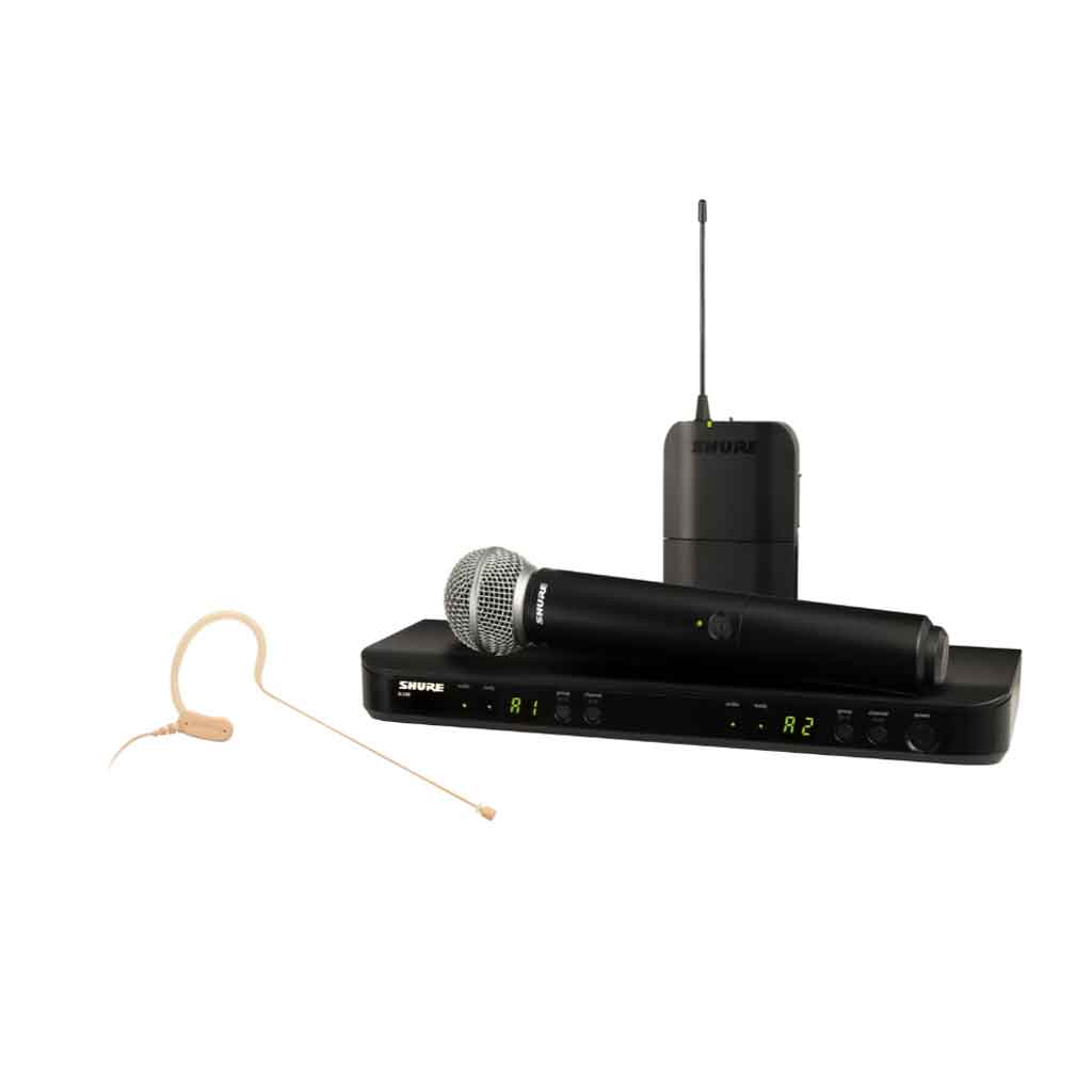 Bộ micro không dây đôi Shure BLX1288/MX153 với thiết kế nhỏ gọn, dạng để bàn, mặt trên bo góc mềm mại, chất liệu nhựa đen nhám hiện đại