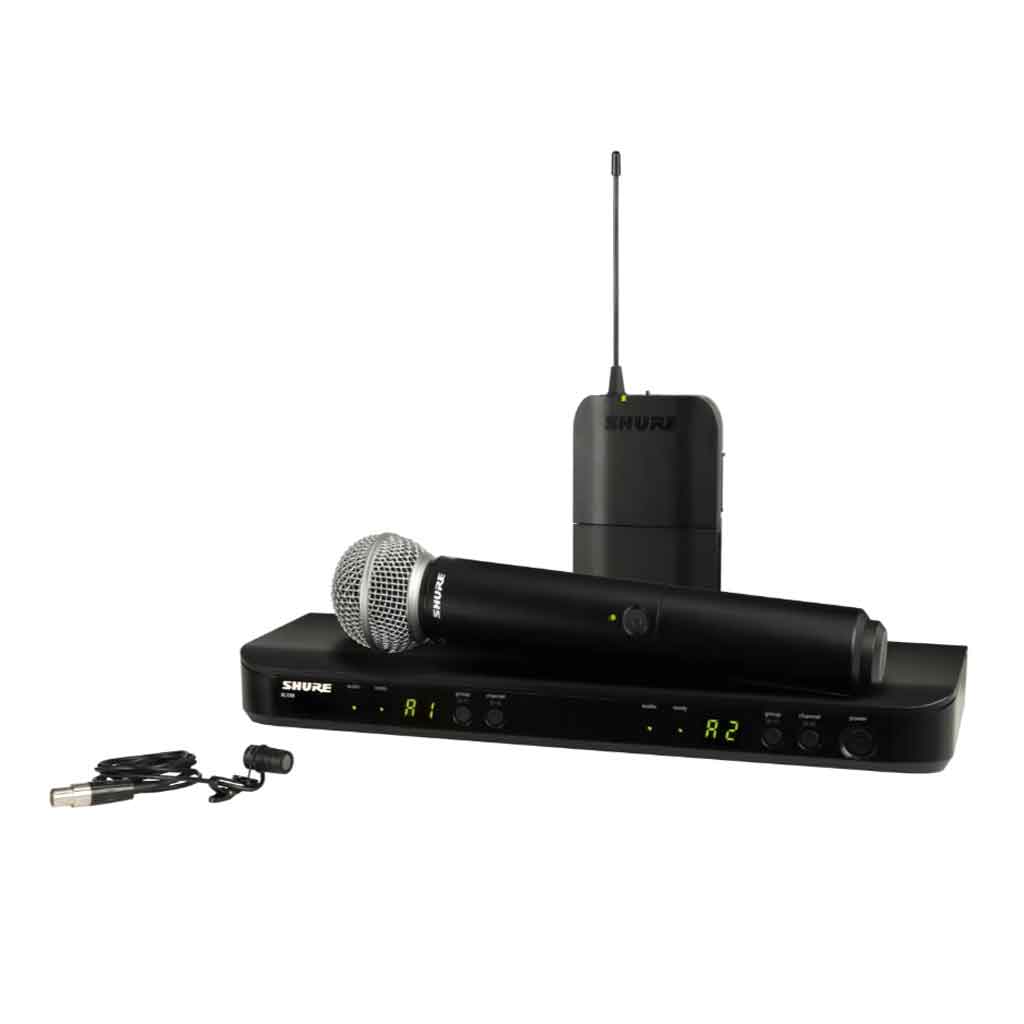 Bộ micro không dây Shure BLX1288/W85 hình  đang được miêu tả bộ thu sóng Shure BLX88 (Dual Channel Receiver):  Thiết kế dạng để bàn với kiểu dáng cong bo nhẹ ở viền trước, màu đen sang trọng