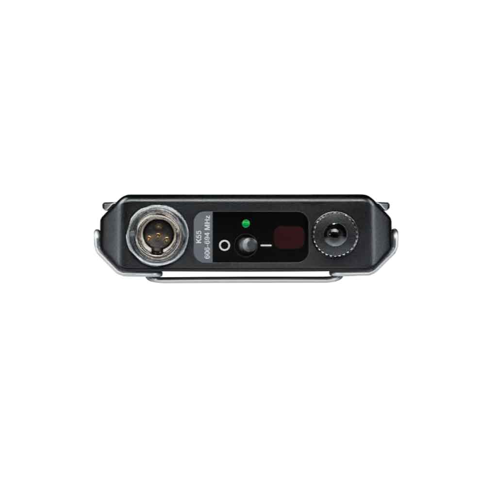 Bộ phát đeo người không dây Shure ADX1 với có trên mặt trước có màn hình LCD nhỏ, hiển thị thông tin về kênh tần số, pin, và trạng thái hoạt động