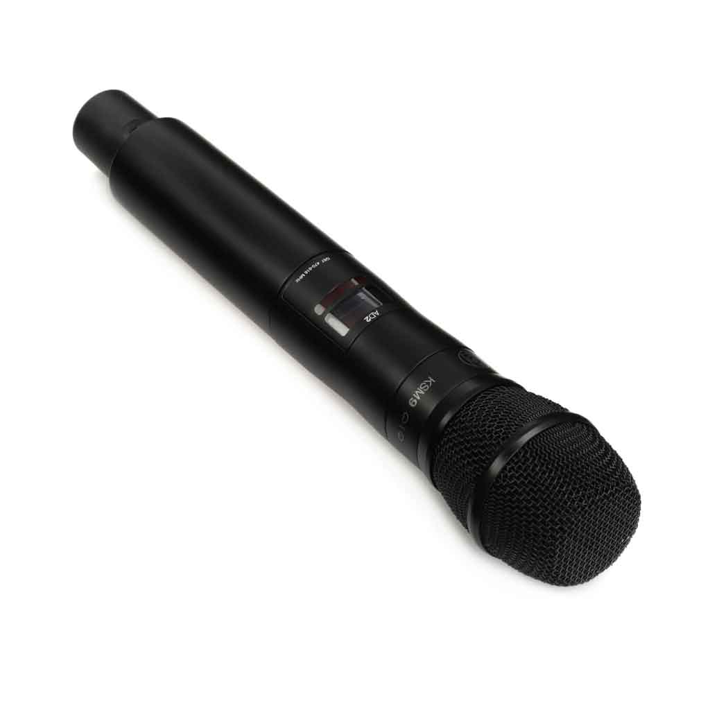 Bộ phát micro không dây cầm tay Shure ADX2/K9HS hình đang được miêu tả giữa thân có màn hình LCD nhỏ hiển thị:  Model: AD2  Tên thiết bị, tần số hoạt động, mức pin