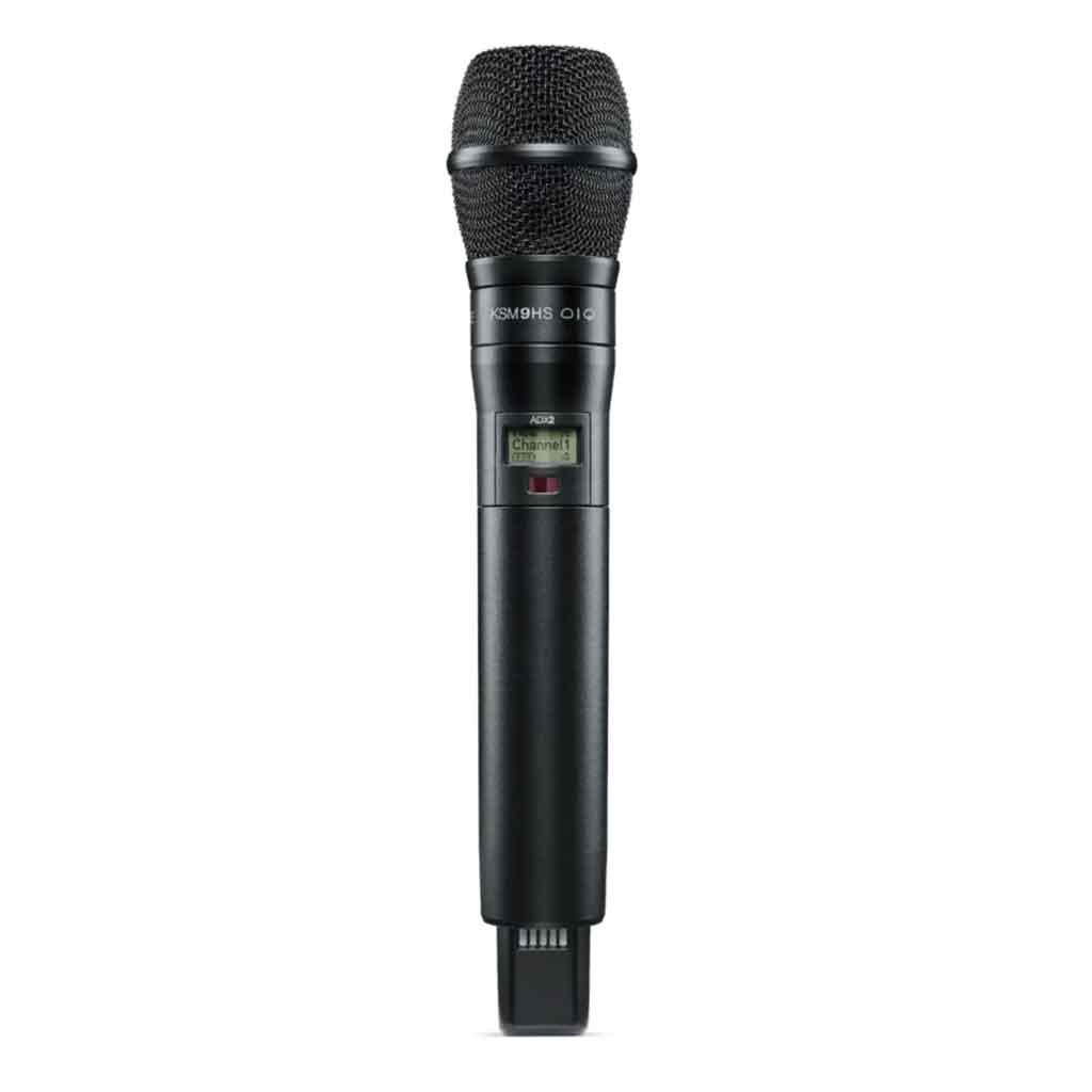 Bộ phát micro không dây cầm tay shure ADX2/K9HS hình đang được miêu tả micro không dây Shure AD2/KSM9, thuộc dòng Axient Digital cao cấp của Shure, kết hợp với đầu micro KSM9 chuyên nghiệp