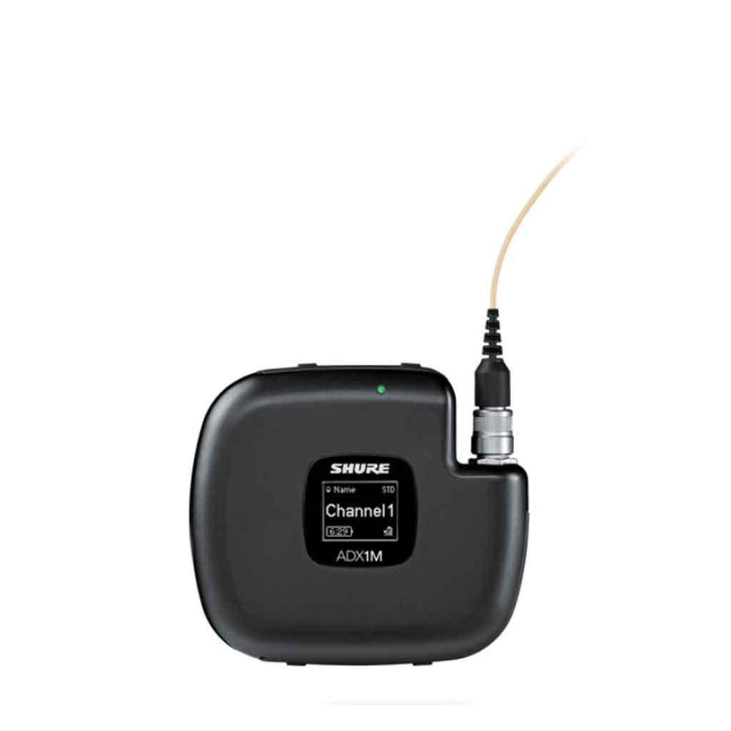 Bộ phát không dây đeo người mini Shure ADX1M với thiết kế màn hình hiển thị OLED rõ nét hiển thị kênh, tên thiết bị, tình trạng pin, v.v.
