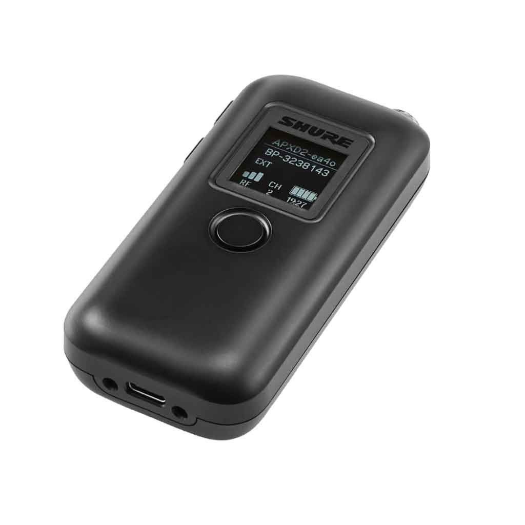 Shure MXW1X Hybrid Bodypack hình được miêu tả chi tiết Hình dạng: Hộp chữ nhật bo tròn các góc, kích thước nhỏ gọn, dễ cầm nắm hoặc mang theo người.