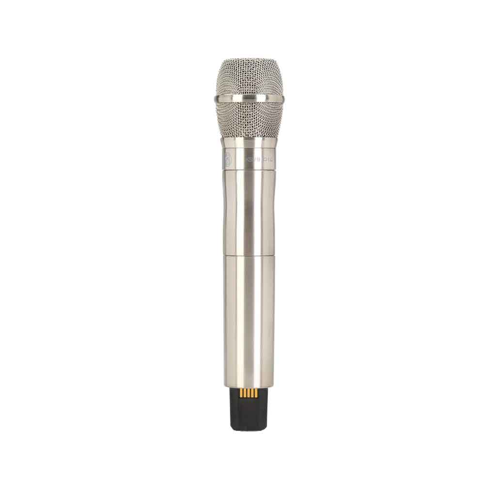 Bộ phát micro cầm tay Shure AD2/K9N hình đang được miêu tả thân micro chất liệu kim loại màu bạc sáng (nickel finish) sang trọng, chắc chắn