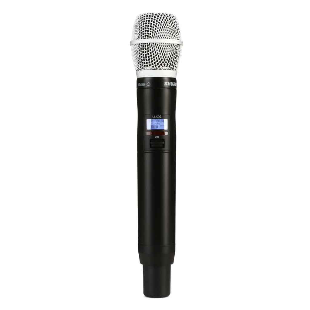 Bộ phát micro không dây cầm tay Shure ULXD2/SM86 hình đang được miêu tả micro Shure ULXD2/SM86 mang phong cách thiết kế hiện đại, chắc chắn và chuyên nghiệp