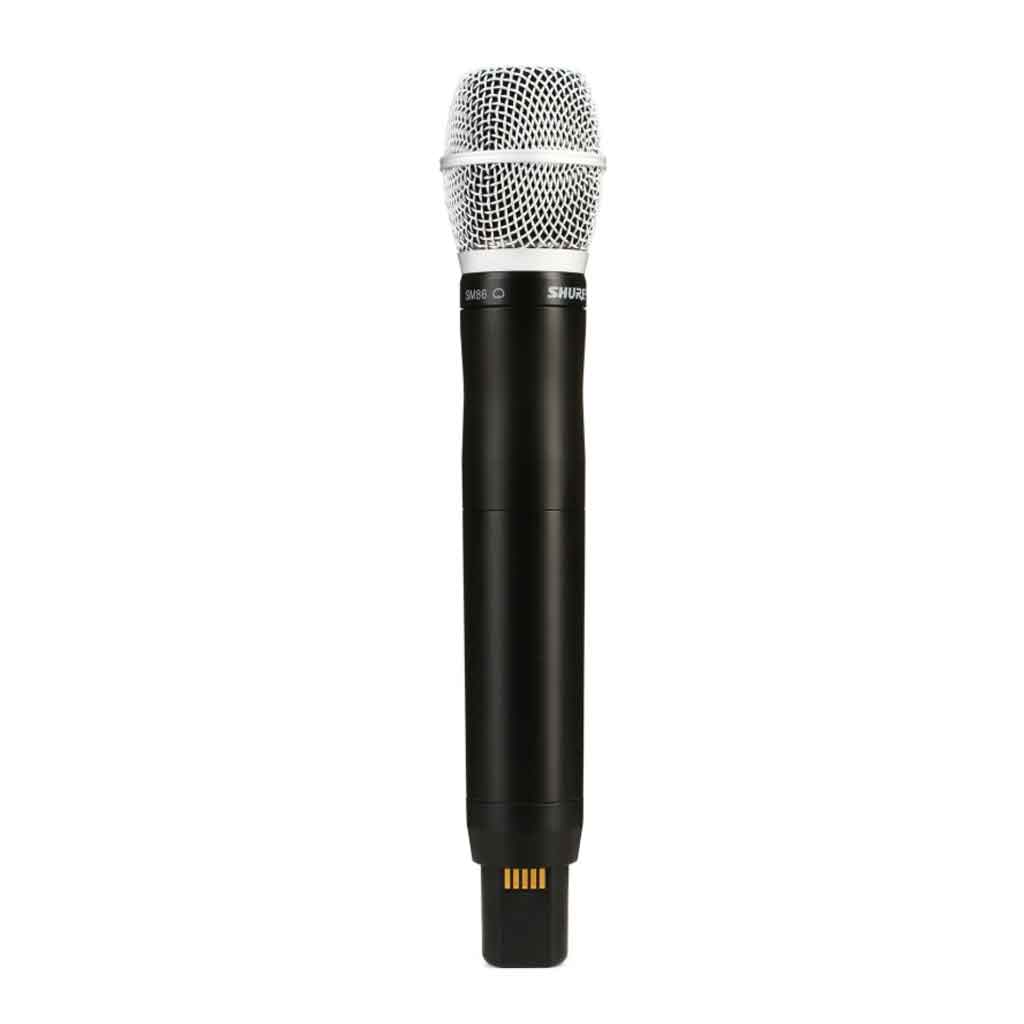 Bộ phát micro không dây cầm tay Shure ULXD2/SM86 hình đang được miêu tả chi tiết thân micro làm bằng kim loại phủ đen nhám, cứng cáp và bền bỉ, phù hợp với môi trường sân khấu chuyên nghiệp