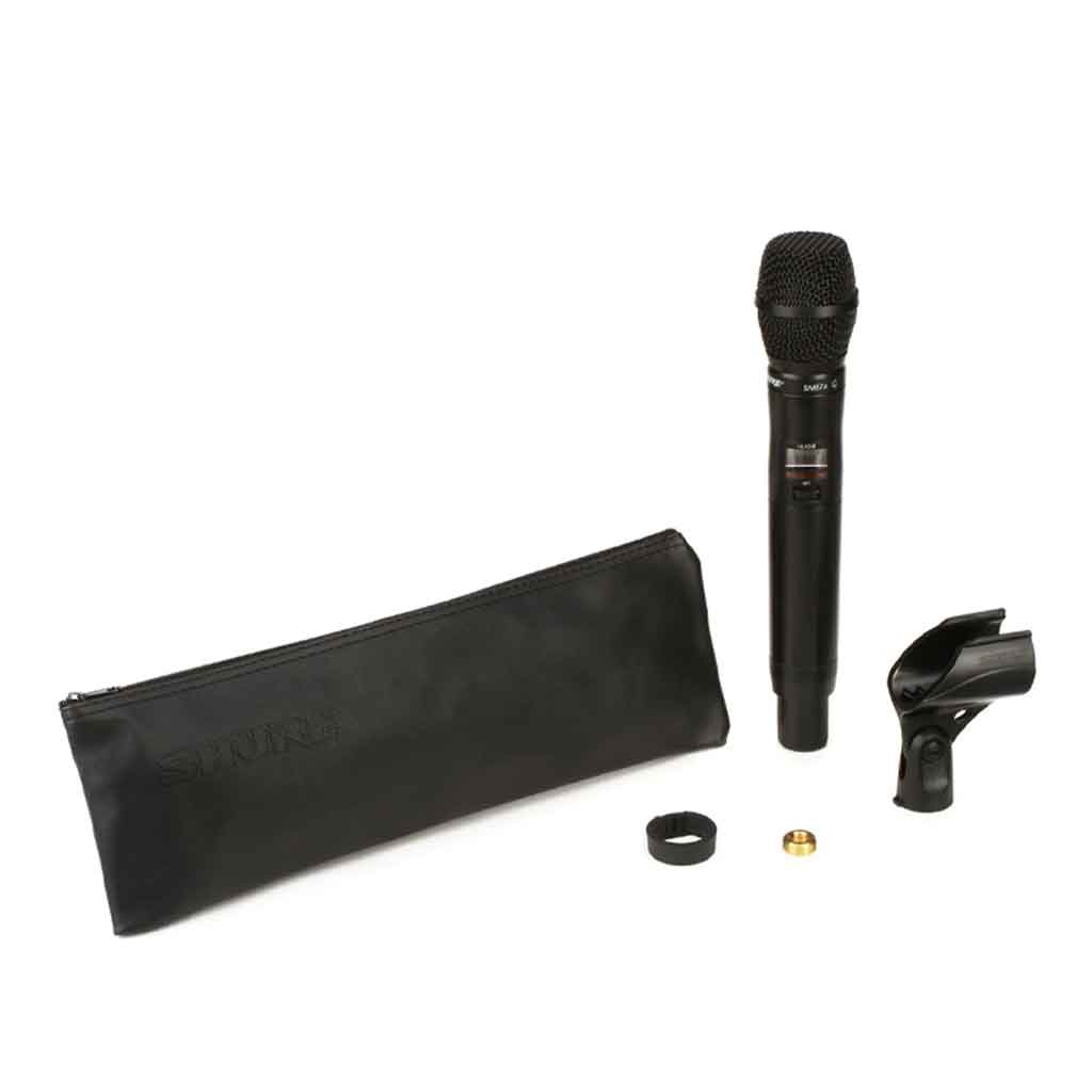 Bộ phát micro không dây cầm tay Shure ULXD2/SM87 hình đang được chụp miêu tả chi tiết chọn bộ sản phẩm và phụ kiện kèm theo trong khoảng không nền trắng 