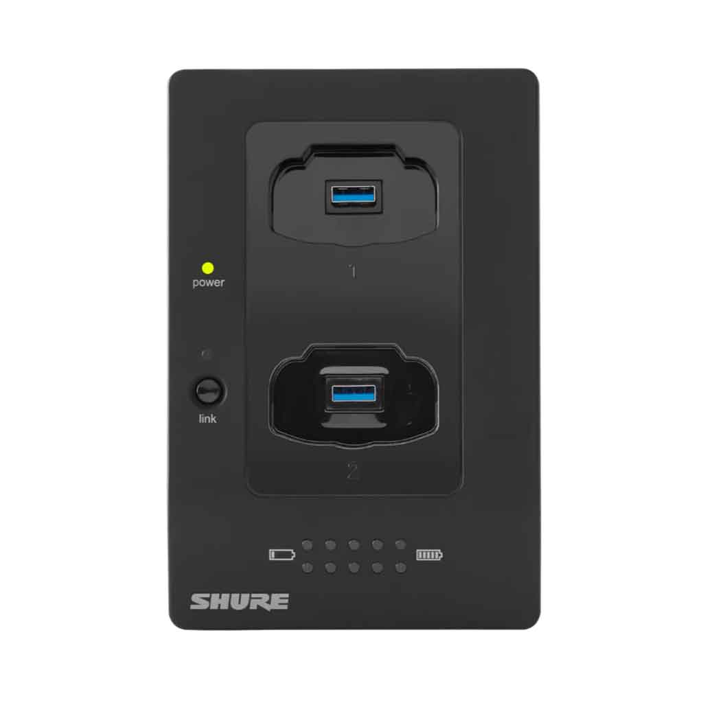 Bộ sạc thông minh Shure MXWNCS2 hình đang được chụp miêu tả bộ sạc kiêm dock mạng cho hệ thống micro không dây Microflex