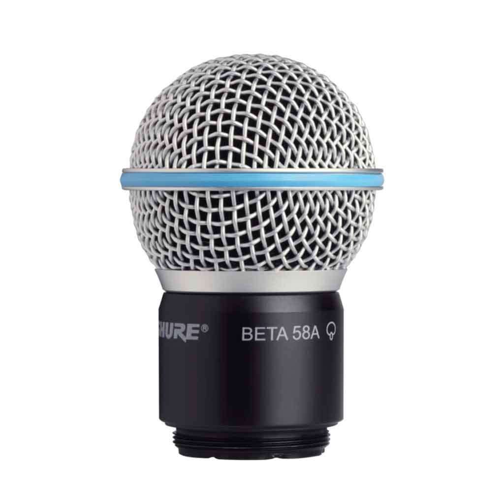 Bộ thay thế đầy đủ đầu micro Shure RPW118 hình đang được miêu tả phần đầu lưới (grille): Là dạng cầu bằng kim loại chắc chắn, phủ màu bạc với viền xanh dương đặc trưng của dòng Beta 58A.