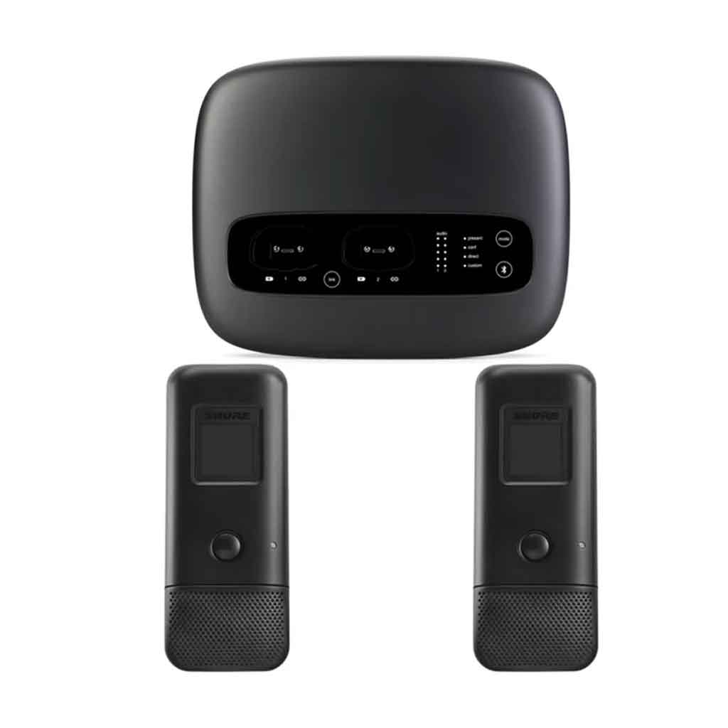 Bộ thu không dây Shure MXWAPXD 2 hình đang được miêu tả bộ thu không dây 2 kênh (2-channel Wireless Receiver): Nhận và xử lý tín hiệu âm thanh từ các micro không dây.