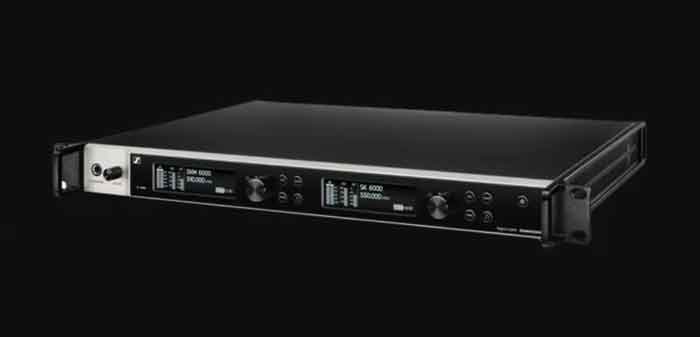 Bộ thu sóng không dây Dante Sennheiser EM 6000 hình đang miêu tả sản phẩm với khung hình có màu đen 