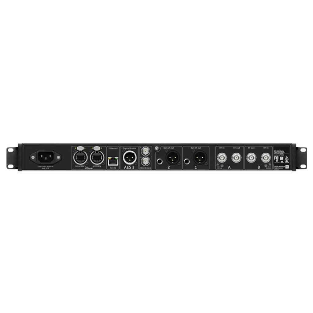 Bộ thu sóng không dây Dante Sennheiser EM 6000 hình đang miêu tả mặt sau sản phẩm với  đầy đủ đầu vào 