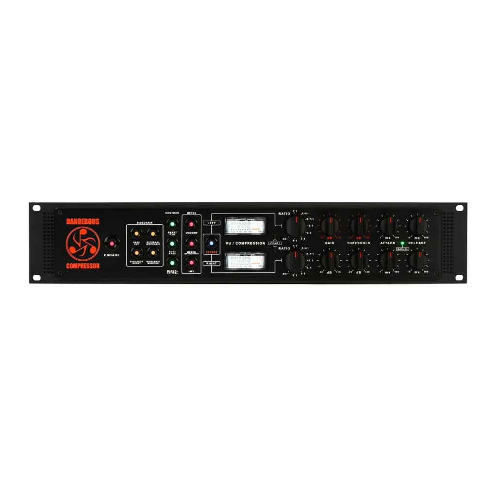 Dangerous Music Compressor và chi tiết thiết kế hệ thống LED thông báo tình trạng. Nổi bật là logo Dangerous Music màu cam đặc trưng phía trái.