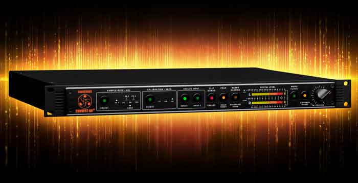 Dangerous Music CONVERT-AD+ Stereo Digital Converter hình đang được chụp chi tiết mặt trước với có nền màu đen phát sáng phía sau làm nỗi bật sản phẩm 