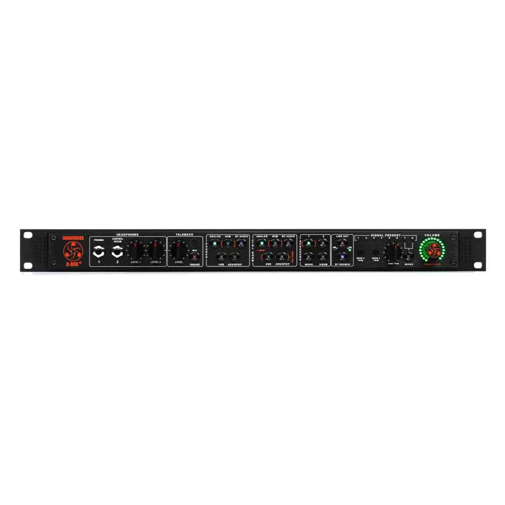 Dangerous Music D-BOX+ Monitor Controller & Summing Mixer hình mô tả mặt trước – Dangerous Music D-BOX+Khu vực bên trái – Logo & Phần nguồn (Power Section)và Nút nguồn (Power) ở rìa trái.