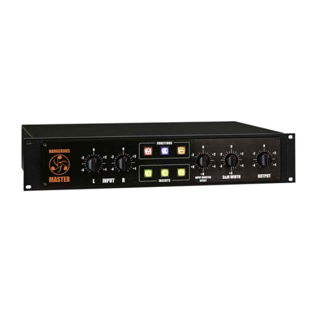 Dangerous Music MASTER Mastering Transfer Console với chi tiết mặt trước Input Section (trái): 2 núm vặn điều chỉnh Gain đầu vào (L & R) – thang đo từ -4 đến +4 dB Logo Dangerous MASTER Function Section (trung tâm trên): 3 nút LED chức năng chính:Bypass – bỏ qua hoàn toàn chuỗi tín hiệu