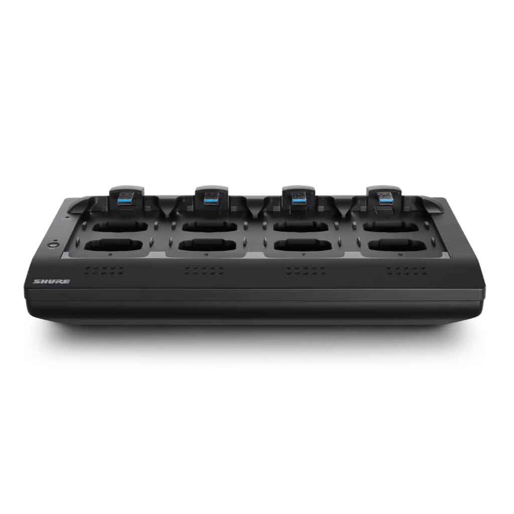 Đế sạc mạng 8 cổng Shure MXWNCS8 Sản phẩm trong hình là Shure MXWNCS8 – Trạm sạc mạng 8 cổng thuộc hệ thống micro không dây chuyên nghiệp Shure Microflex Wireless