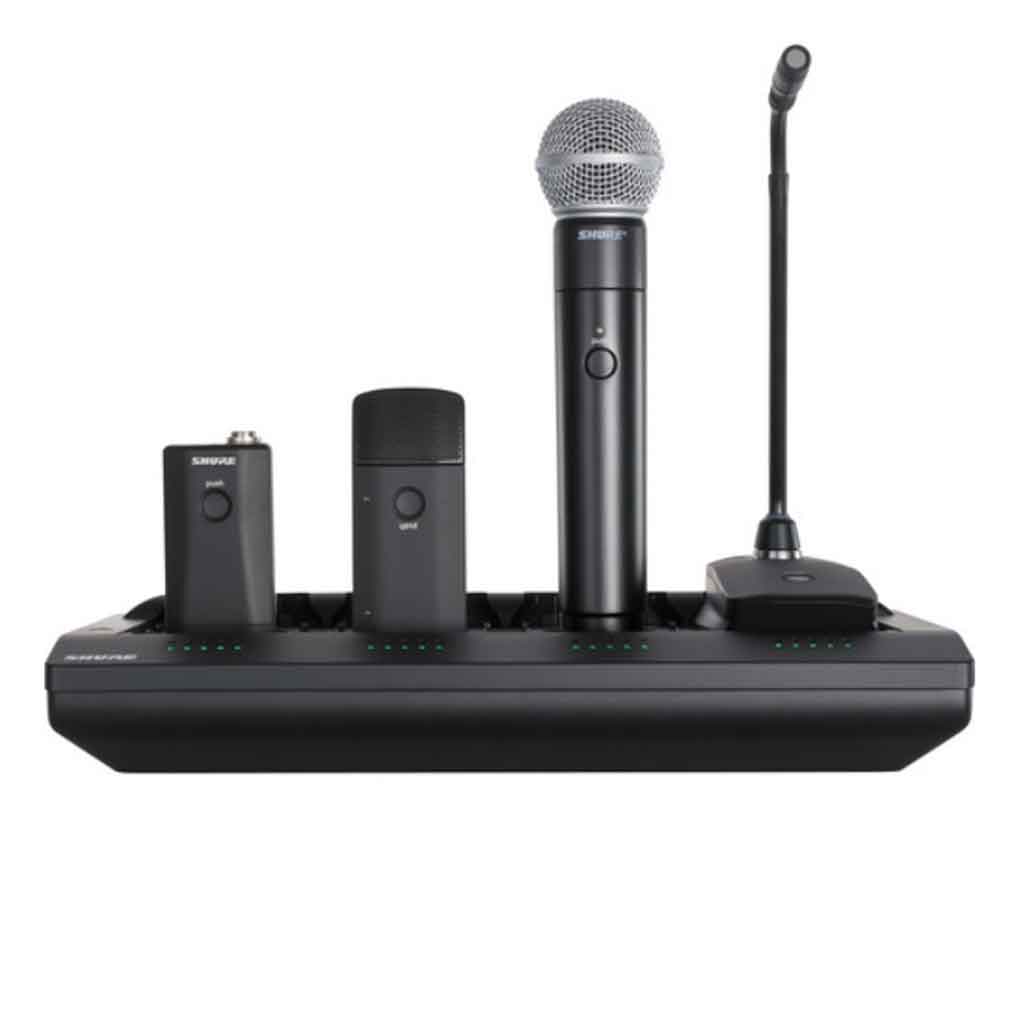 Đế sạc mạng 8 cổng Shure MXWNCS8 hình đang được miêu tả có nhiêu thiết bị đang sử dụng sạc để sạc lại bin nhiêu thiết bị trong nền trắng 