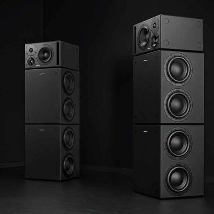 Dynaudio Core-47 7 inch 3-way hình đang được chụp miêu tả sản phẩm loa core 47 7 và nhưng thế hệ của sản phẩm cùng chung khung hình có nền đen sau lưng 