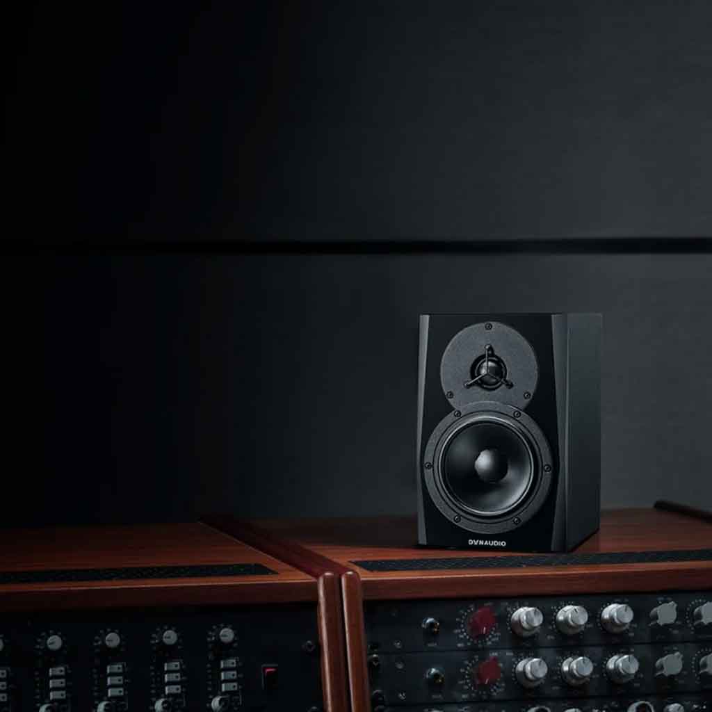 Dynaudio LYD 5 Studio Monitor hình đang được miêu tả chụp chi tiết loa LYD5 với đang được đặt trên kệ trưng nhạc cụ và nền có màu tối 