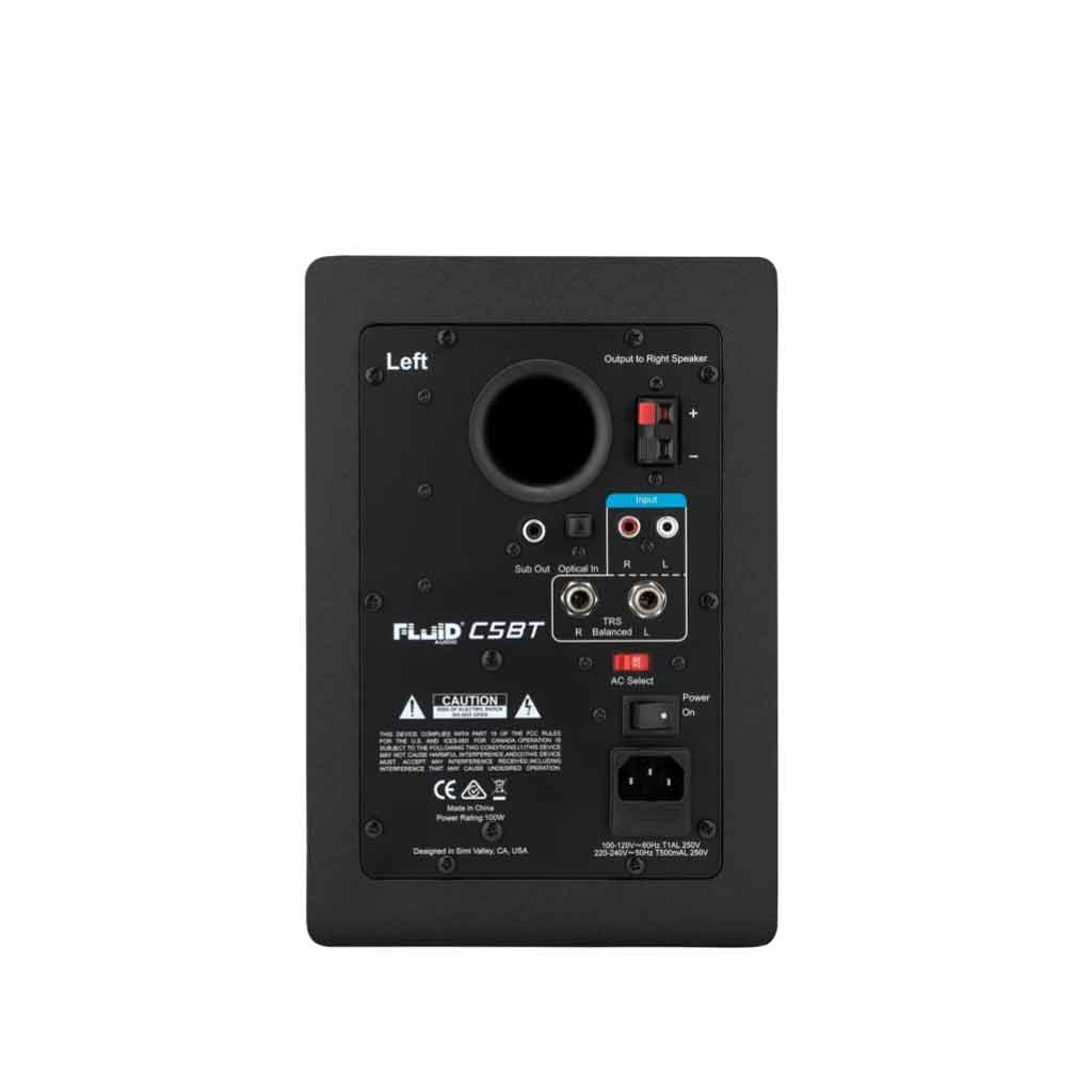 Fluid Audio C5 Powered Studio Monitors hình đang được chup miêu tả chi tiết mặt sau của loa với đầy đủ các phích cắm đầu và thông số của loa 