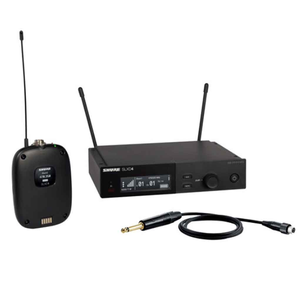Shure SLXD14 Wireless Guitar System - J52 Band hình đang được miêu tả hình ảnh hiển thị một hệ thống guitar không dây thuộc dòng Shure SLX-D, bao gồm