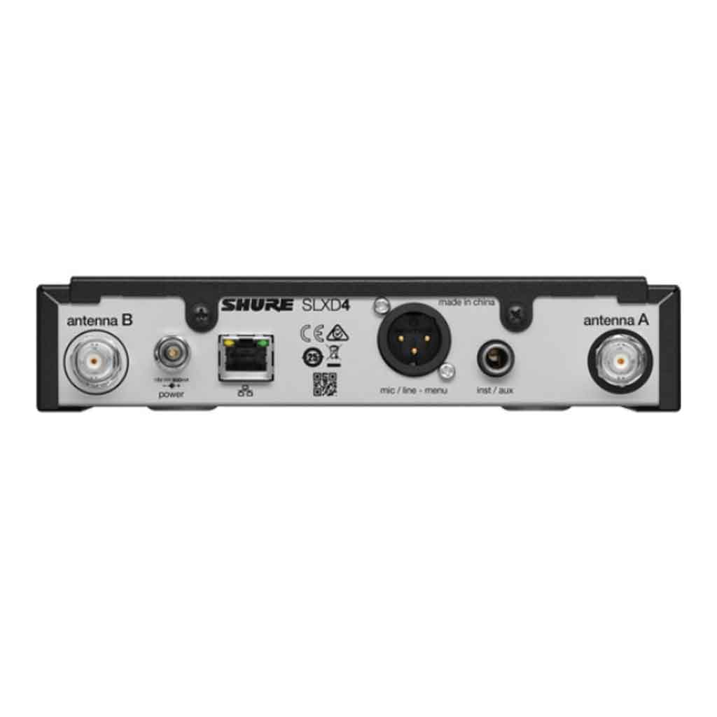 Hệ thống guitar không dây Shure SLXD14 hình đang được chụp miêu tả chi tiết mặt sau của sản phẩm có thiết 6 phích cắm đầu vào cá loại 