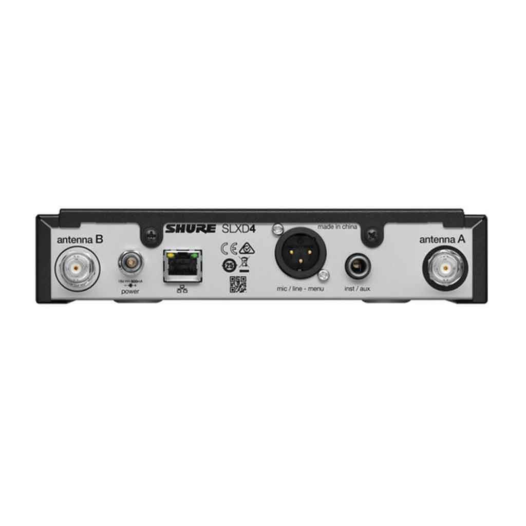 Hệ thống micro không dây Shure SLXD24/B58 hình đang được mô tả mặt sau chi tiết của sản phẩm với thiết kế có 6 phích cắm đầu vào 