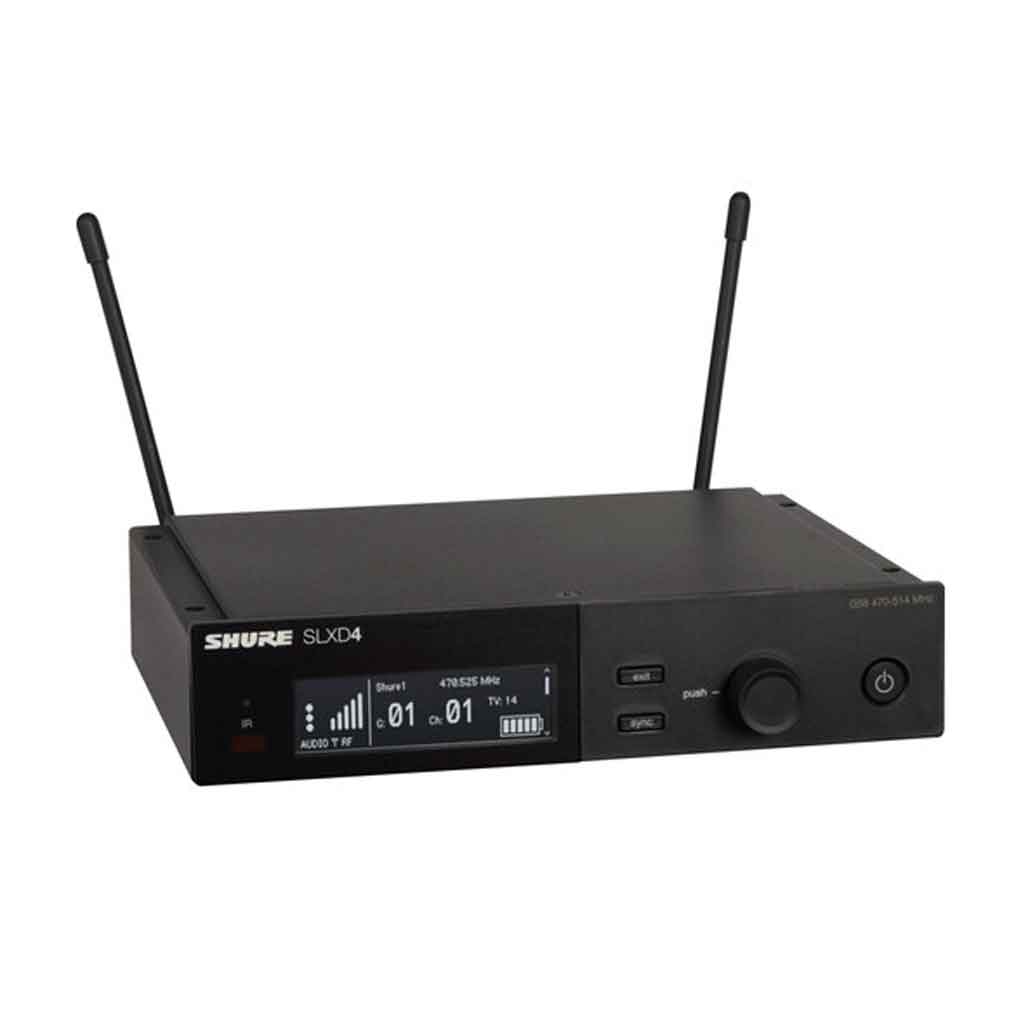 Hệ thống micro không dây Shure SLXD24/B58 hình đang được miêu tả màn hình LCD hiển thị tần số, mức tín hiệu và trạng thái pin.