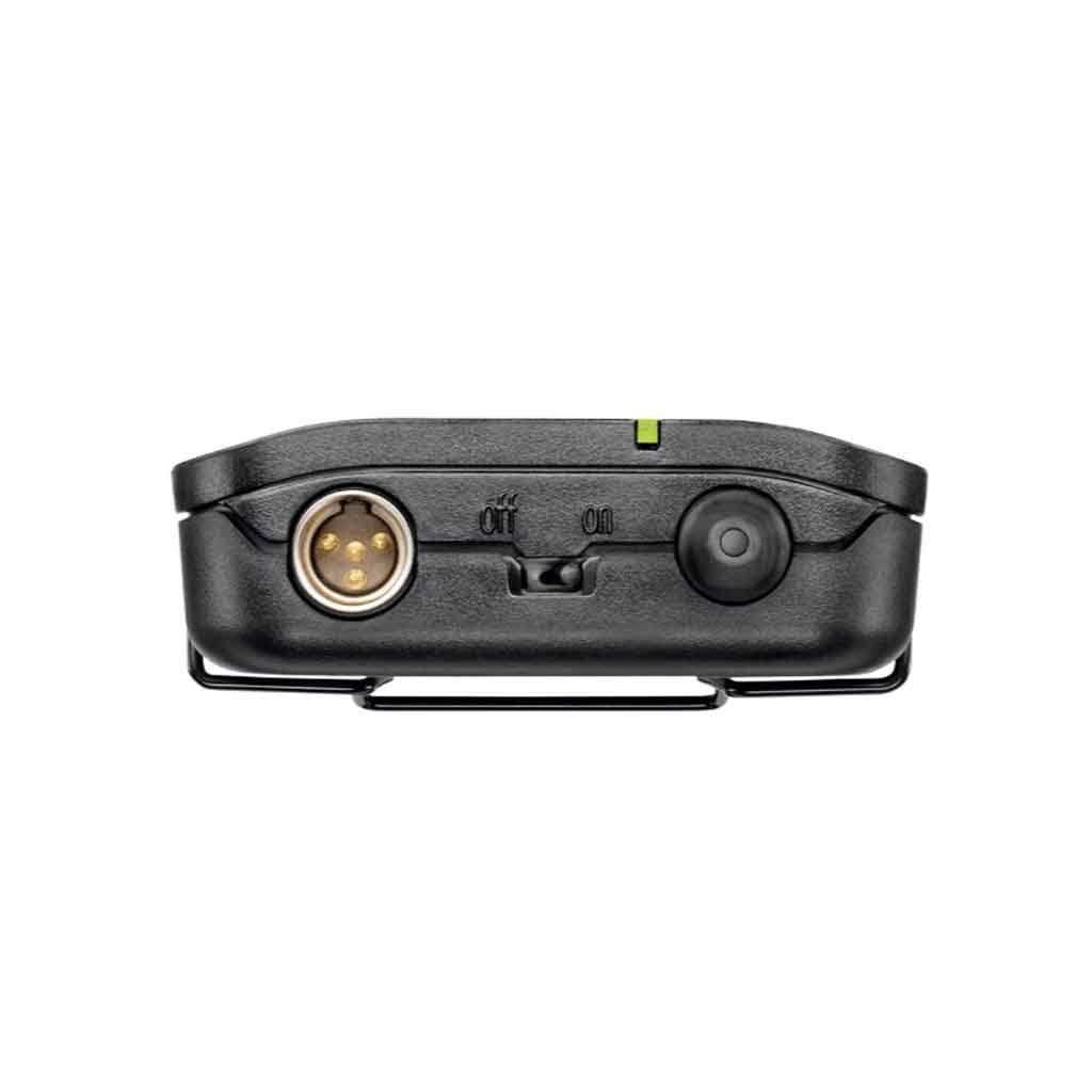Hệ thống micro cài áo không dây Shure BLX14/CVL với mặt bên trên Có đèn báo kết nối (LED màu xanh lá).  Công tắc bật/tắt ở cạnh bên.