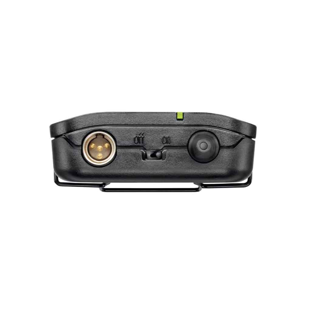 Hệ thống micro cài áo không dây Shure BLX14R/W85 với mặt bên trên Có đèn báo kết nối (LED màu xanh lá).  Công tắc bật/tắt ở cạnh bên.